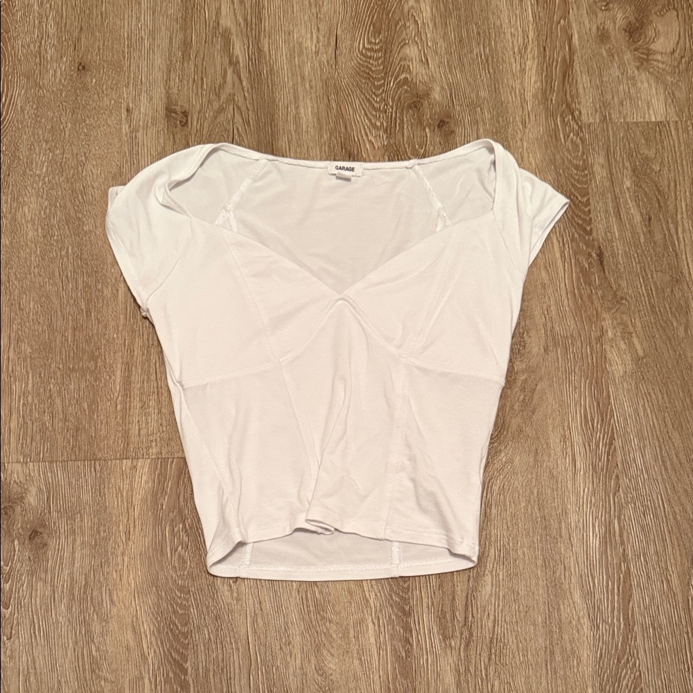 Garage White Short Sleeve V-Neck Crop Tee
